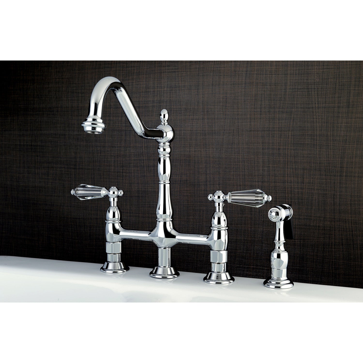 Kingston Heirloom KS1271WLLBS - Wilshire Two-Handle 4-Hole Deck Mount Bridge Kitchen Faucet with Brass Sprayer, Polished Chrome — thumbnail 3